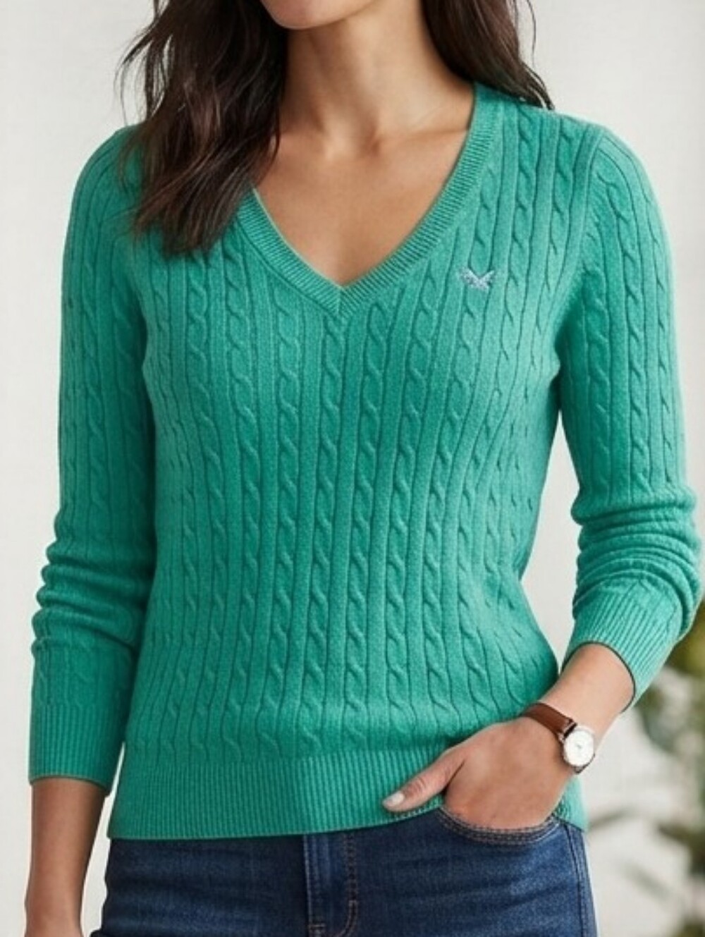 Light Green V Neck Cable Knit Sweater Cotton- Cashmere Crew Clothing Co Size 12